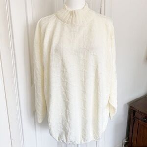 Vintage 80s Cream Knit Long Sleeve Oversized Sweater Mock Neck Cottagecore